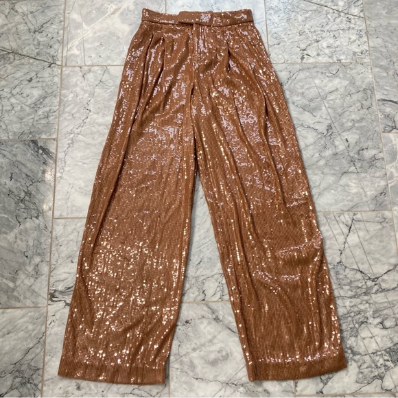 ZARA Copper Brown Sequin Pleated Wide Leg Pants - Picture 6 of 15